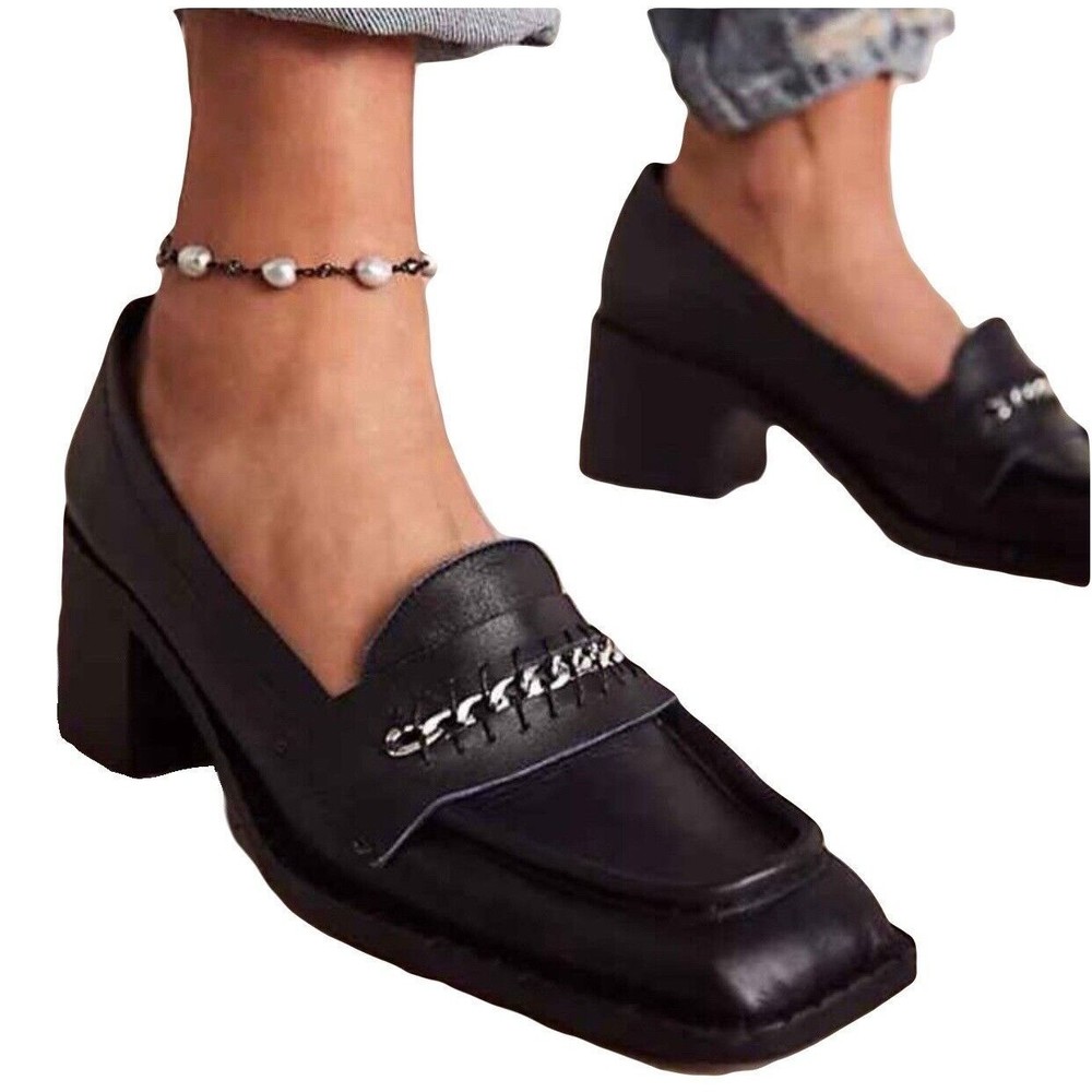 Free People hayden black leather heeled silver chain loafers Women US 9/EU 39